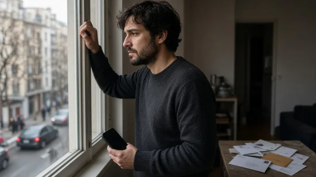 Hombre de pie junto a la ventana de un departamento, mirando hacia la calle con expresión pensativa, sosteniendo el teléfono y con cuentas sobre la mesa