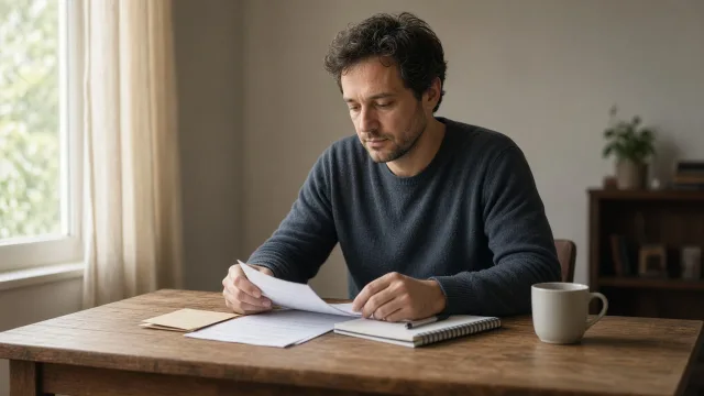 Hombre sentado en un escritorio junto a la ventana, organizando cuentas y un cuaderno con expresión más calmada y estable