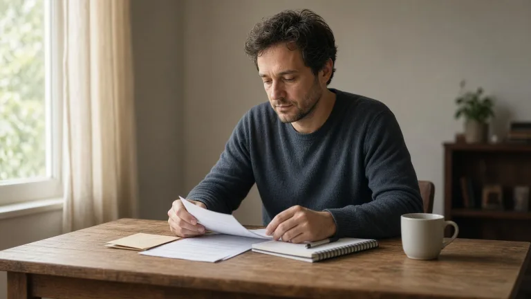 Hombre sentado en un escritorio junto a la ventana, organizando cuentas y un cuaderno con expresión más calmada y estable