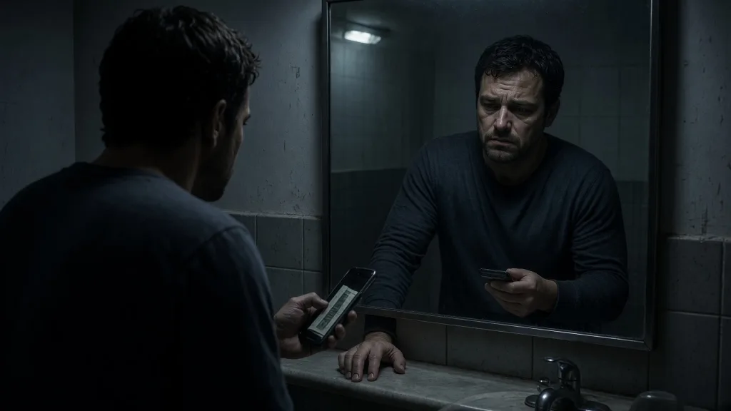 Hombre frente al espejo del baño de noche, mirando su reflejo con duda mientras sostiene una cuenta y el teléfono
