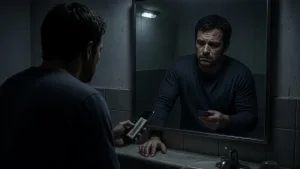 Hombre frente al espejo del baño de noche, mirando su reflejo con duda mientras sostiene una cuenta y el teléfono