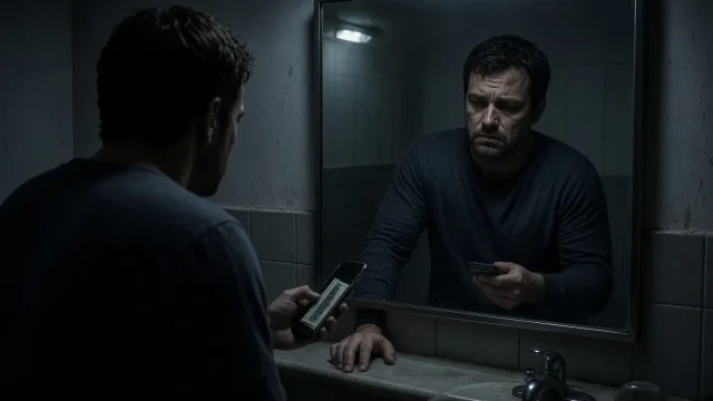 Hombre frente al espejo del baño de noche, mirando su reflejo con duda mientras sostiene una cuenta y el teléfono