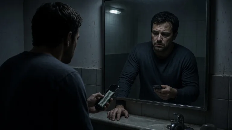 Hombre frente al espejo del baño de noche, mirando su reflejo con duda mientras sostiene una cuenta y el teléfono