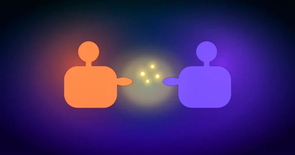 Ilustración cinematográfica de pareja hablando con calma sobre celos: coral y violeta sobre teal profundo.