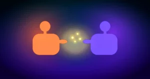 Ilustración cinematográfica de pareja hablando con calma sobre celos: coral y violeta sobre teal profundo.
