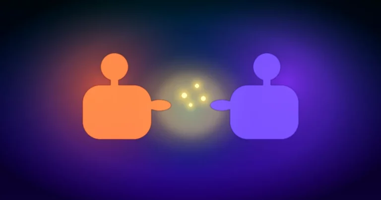 Ilustración cinematográfica de pareja hablando con calma sobre celos: coral y violeta sobre teal profundo.