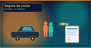 Ilustración vivida de pareja con llaves de coche y documento de póliza sobre fondo navy y ámbar.