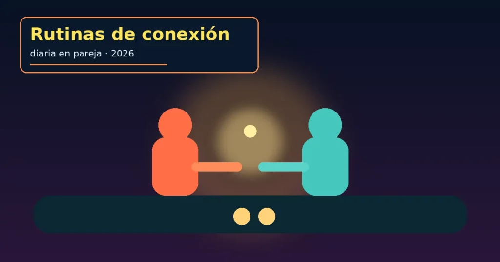 Ilustración cinematográfica de pareja en rutina de conexión diaria: figuras coral y teal con punto de luz entre ambas, navy y ámbar.