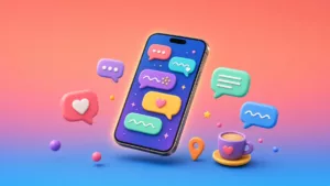 Teléfono con burbujas de chat y un pin de ubicación, idea de conversación antes de un primer encuentro.