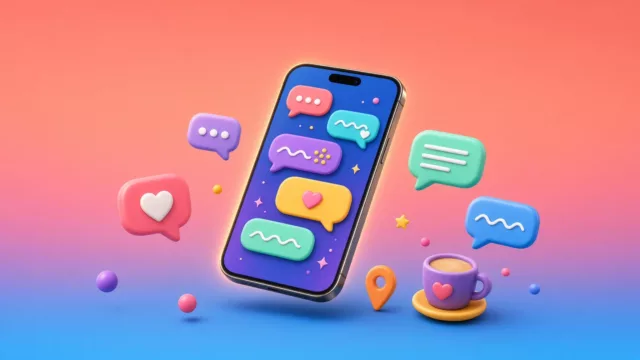 Teléfono con burbujas de chat y un pin de ubicación, idea de conversación antes de un primer encuentro.