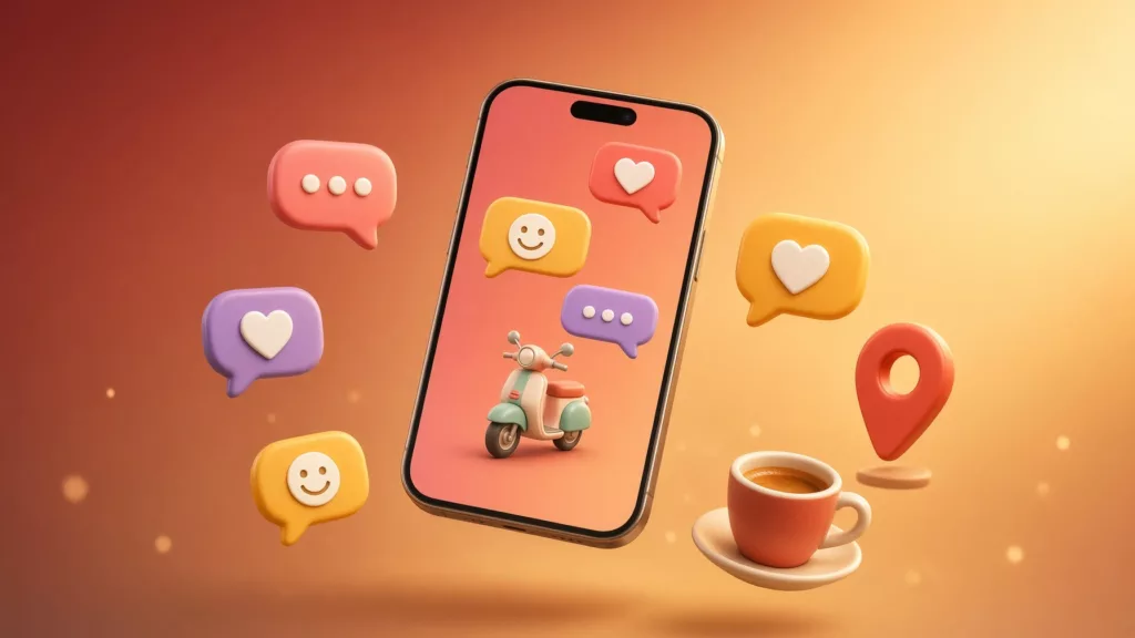 Teléfono con chats y un pin de lugar, idea de conversación para un encuentro en Italia.