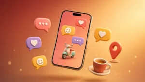 Teléfono con chats y un pin de lugar, idea de conversación para un encuentro en Italia.