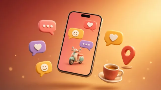 Teléfono con chats y un pin de lugar, idea de conversación para un encuentro en Italia.
