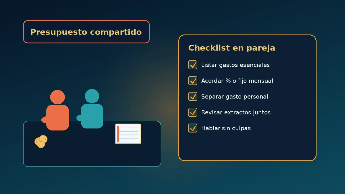 Pareja joven revisando juntos un presupuesto en la mesa con luz cinematográfica y checklist de gastos compartidos.