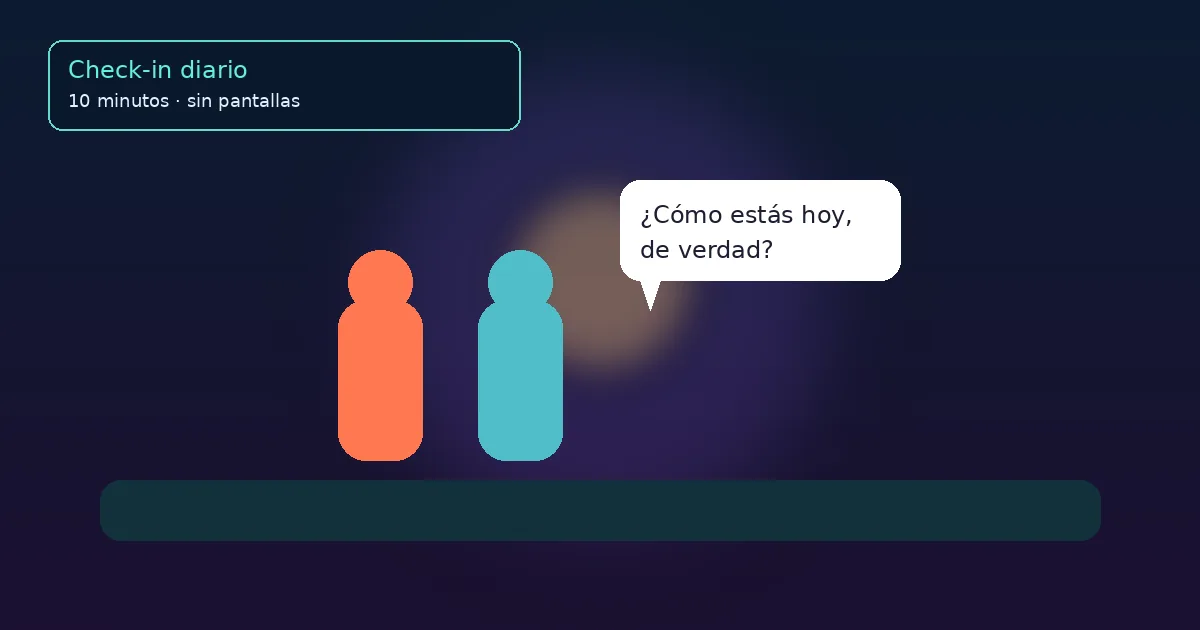 Ilustración de pareja en check-in diario sin pantallas: figuras coral y teal con burbuja «¿Cómo estás hoy, de verdad?».