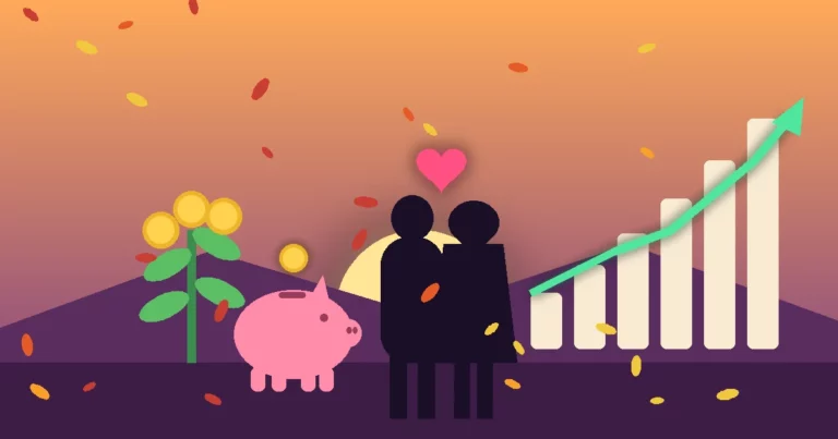 Ilustración luminosa al atardecer de una pareja junto a una hucha rosa, una planta que crece con monedas y un gráfico de barras ascendente, entre hojas de otoño: planificar juntos el ahorro para la jubilación.