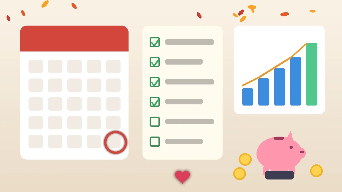Ilustración de una revisión de fin de año del ahorro para la jubilación: calendario con el último día marcado, lista de verificación, gráfico de aportaciones que crecen cada año y una hucha con monedas.