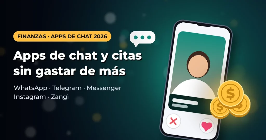 Celular con un chat de citas, monedas doradas y un corazón sobre fondo verde oscuro: cómo manejar el dinero en las apps de citas.