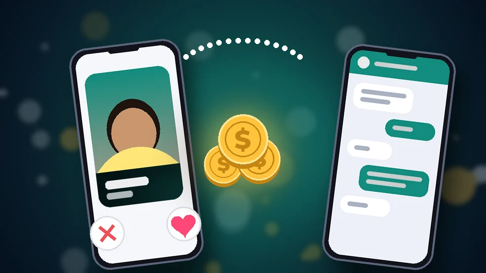 Dos celulares con burbujas de chat y monedas en el centro, símbolo de dividir los gastos de una cita acordados por mensaje.