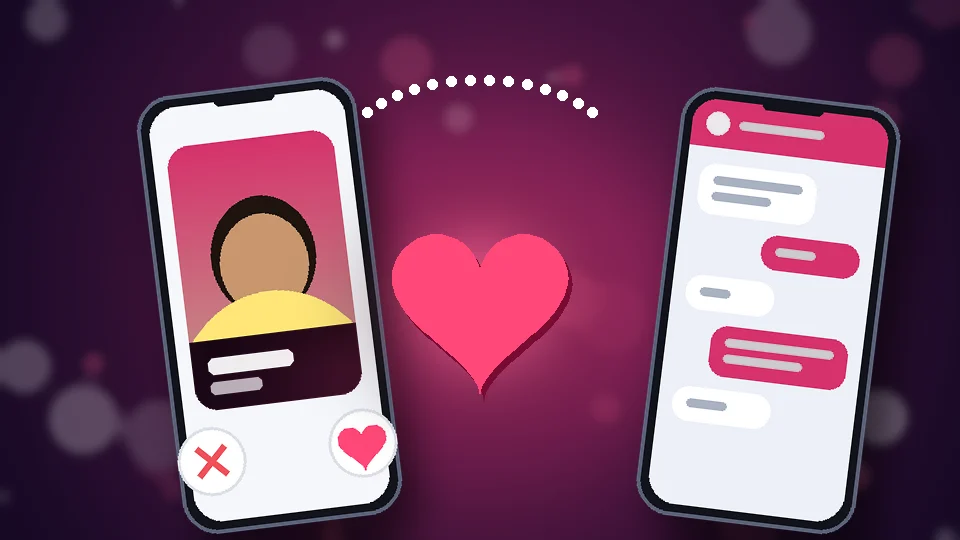 Dos celulares unidos por una línea de puntos con un corazón rosa en el centro, símbolo de la conexión emocional en las apps de citas.