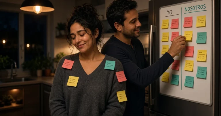 Pareja latina en la cocina de noche: él quita notas adhesivas de colores de los hombros de ella y las pega en una pizarra de la nevera dividida en «Yo» y «Nosotros», símbolo de repartir la carga mental.
