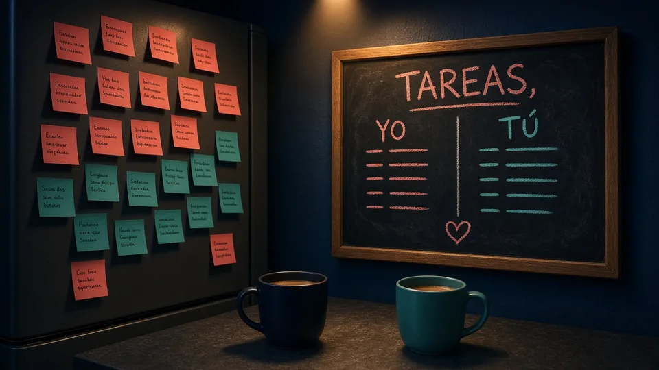 Nevera con notas adhesivas coral y turquesa, pizarra con las columnas «Yo» y «Tú» bajo el título «Tareas» y dos tazas de café: reparto de la carga mental en pareja.