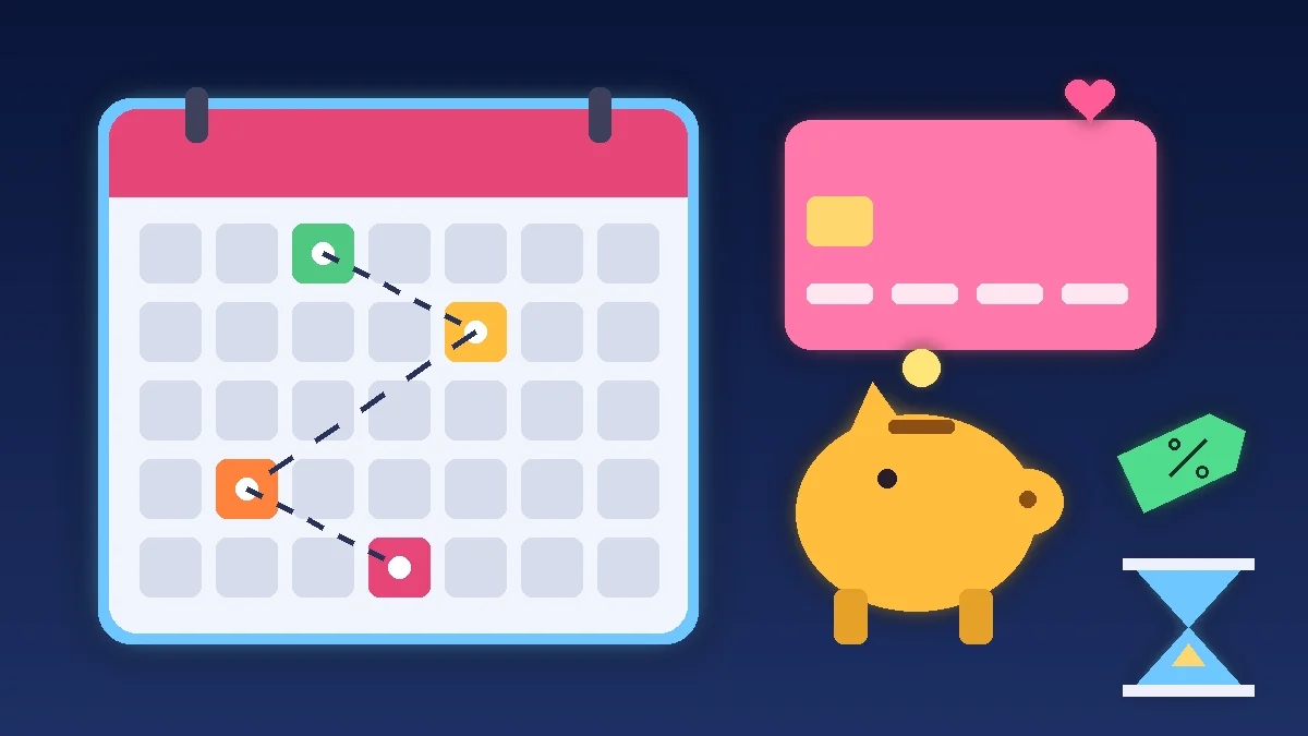 Ilustración de un calendario compartido con cuatro fechas de cuotas marcadas, una tarjeta, una hucha, una etiqueta de descuento y un reloj de arena sobre fondo azul oscuro: controlar en pareja los pagos a plazos de la temporada.