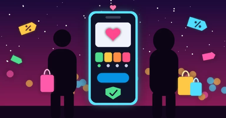 Ilustración de alto contraste: una pareja de siluetas con bolsas de compras frente a un gran móvil luminoso que muestra un pago dividido en cuatro cuotas, con etiquetas de oferta, un escudo y un corazón, símbolo de comprar juntos con un plan.