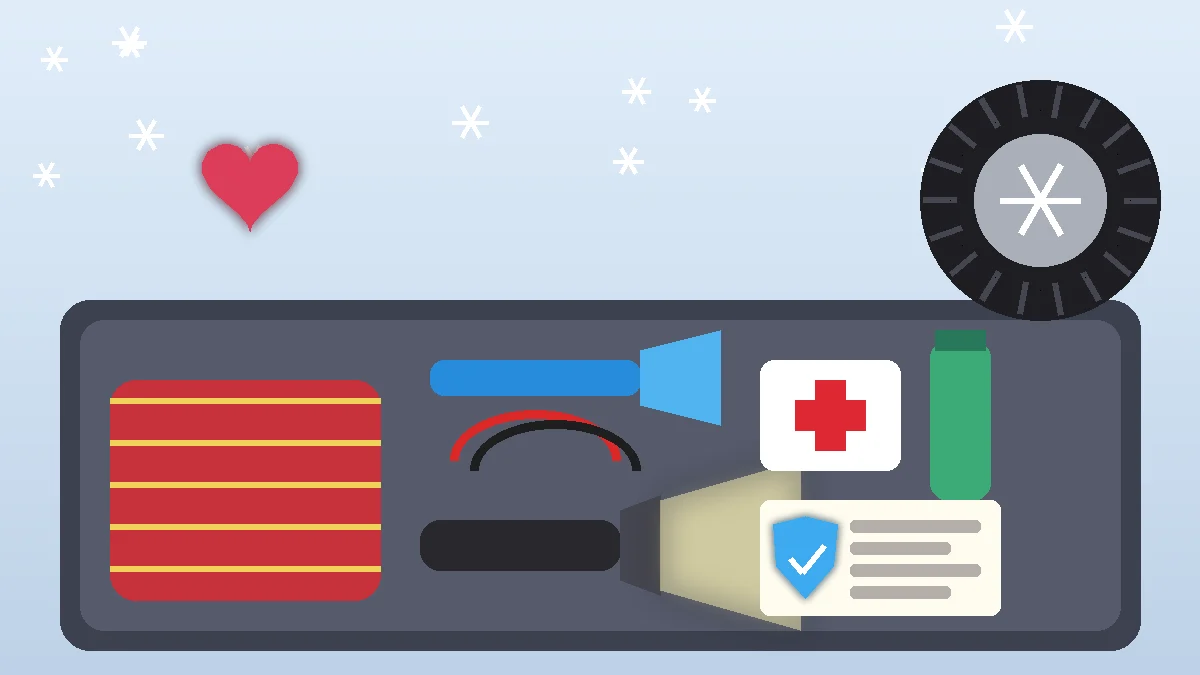 Ilustración de un kit de emergencia de invierno para el auto: manta, linterna, raspador de hielo, cables para pasar corriente, botiquín, termo y un documento de póliza con escudo, junto a un neumático de invierno.