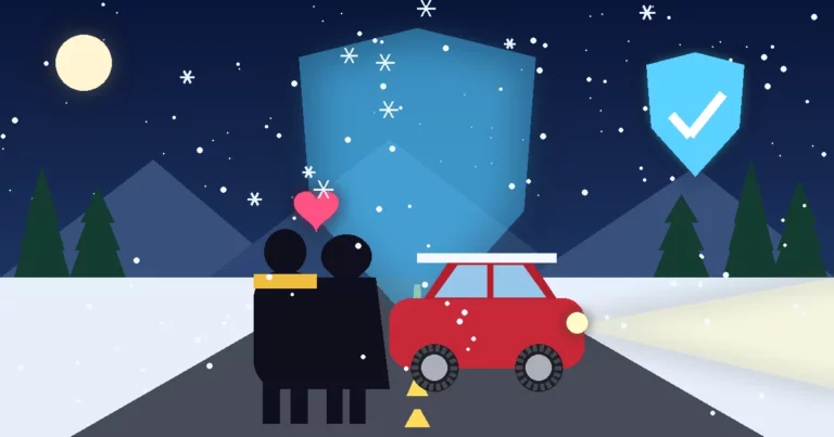 Ilustración nocturna de alto contraste: una pareja junto a su auto con los faros encendidos en una carretera nevada, protegidos por un gran escudo luminoso con una marca de verificación, bajo copos de nieve y luces de temporada.