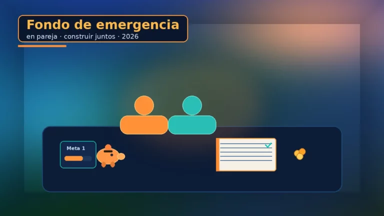 Pareja estilizada planificando un fondo de emergencia con hucha, libreta y barra de meta sobre fondo navy y ámbar.
