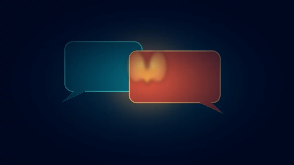 Ilustración conceptual cinematográfica: dos burbujas de diálogo entrelazadas con brillo ámbar sobre fondo navy y teal, sin personas.