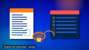 Ilustración cinematográfica de collar de mascota, documentos de póliza y checklist sobre fondo navy y ámbar.