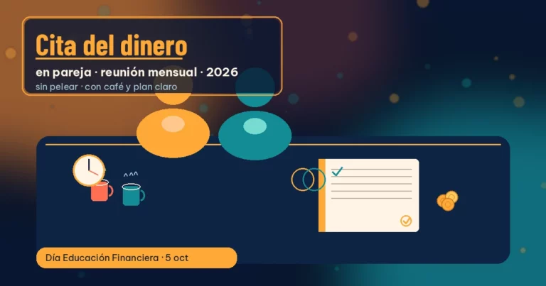 Pareja estilizada en cita del dinero con café, libreta, monedas y reloj sobre fondo navy y ámbar, texto Cita del dinero 2026.