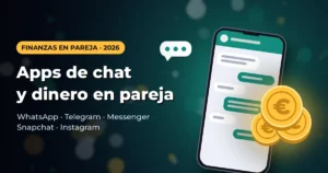 Móvil con burbujas de chat y monedas de euro sobre fondo verde oscuro cinematográfico, ilustrando cómo las apps de chat influyen en el dinero de la pareja.