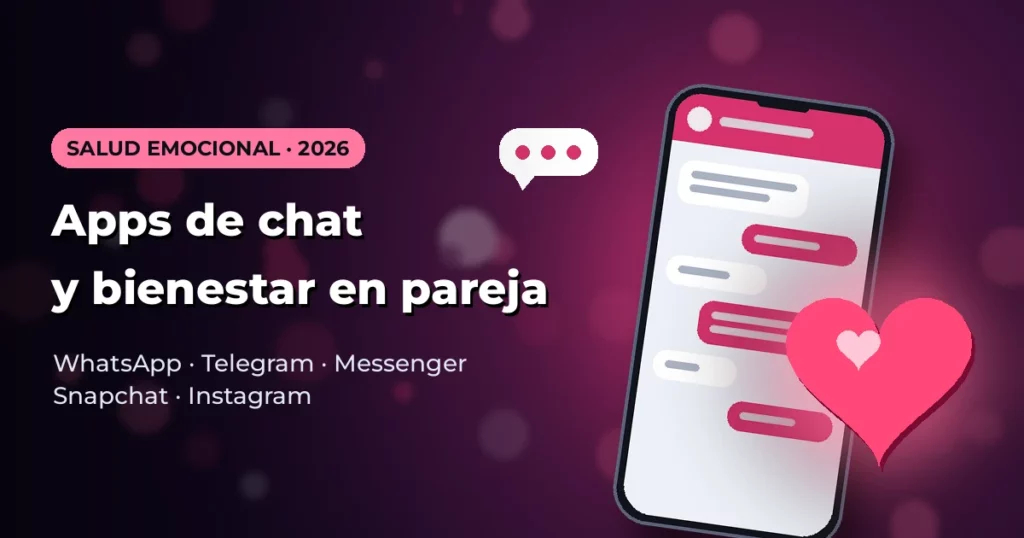 Móvil con burbujas de chat y un corazón luminoso sobre fondo púrpura cinematográfico, ilustrando las apps de mensajería y el bienestar emocional en pareja.