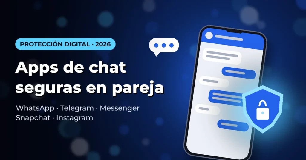 Móvil con burbujas de chat y un escudo con candado sobre fondo azul cinematográfico, ilustrando la seguridad de las apps de mensajería en pareja.