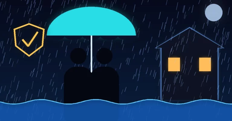 Ilustración cinematográfica de alto contraste: una pareja de siluetas bajo un paraguas luminoso frente a su casa mientras cae una lluvia intensa y el agua sube a sus pies, símbolo de la protección del hogar frente a daños por agua e inundación.