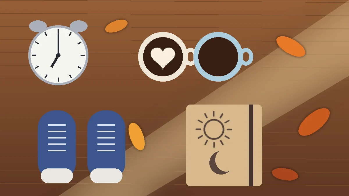 Ilustración de un despertador, dos tazas con un corazón, zapatillas para caminar, una libreta con un sol y una luna dibujados y hojas de otoño bajo la luz de la mañana: rutina de luz, sueño y movimiento en pareja.
