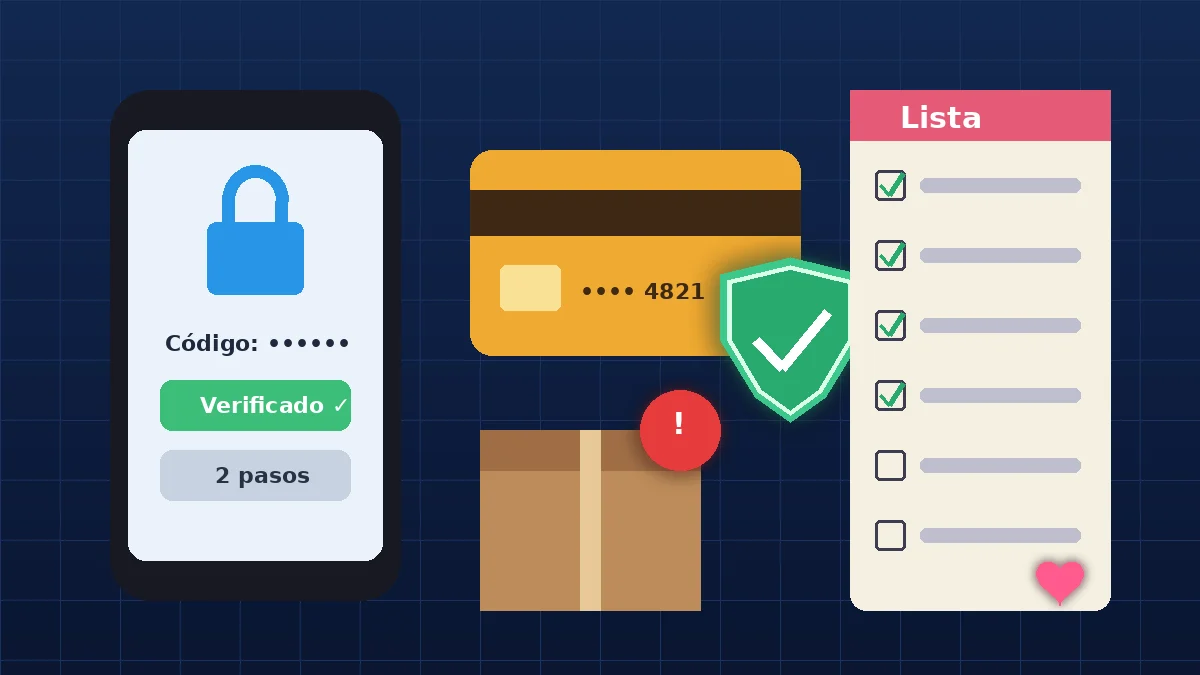 Ilustración de un teléfono con un candado y verificación en dos pasos, una tarjeta de crédito protegida por un escudo, un paquete de envío con una alerta y una lista de compras compartida: hábitos para pagar con seguridad en pareja.
