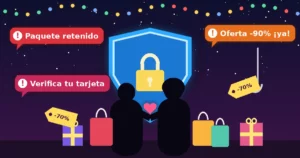 Ilustración de alto contraste: una pareja de siluetas con bolsas de compras y regalos detrás de un gran escudo luminoso con un candado, mientras alrededor flotan alertas de mensajes sospechosos, un anzuelo y etiquetas de ofertas sobre un fondo nocturno de temporada.