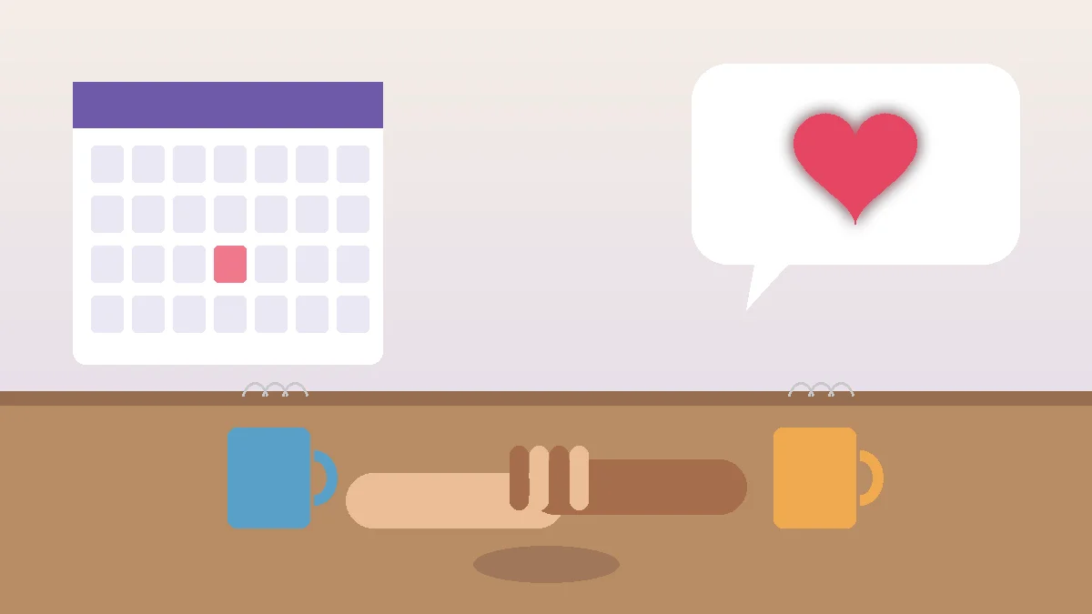 Ilustración de dos manos entrelazadas sobre una mesa con dos tazas, un calendario semanal y un bocadillo de diálogo con un corazón: hablar del estrés en pareja y apoyarse antes de buscar soluciones.