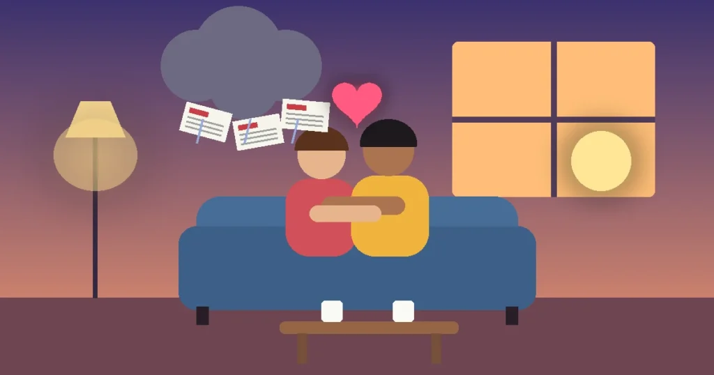 Ilustración de una pareja abrazada en el sofá de su sala al atardecer, rodeada de facturas y un nubarrón de preocupación, mientras un corazón luminoso los protege: apoyo emocional frente al estrés por el costo de vida.