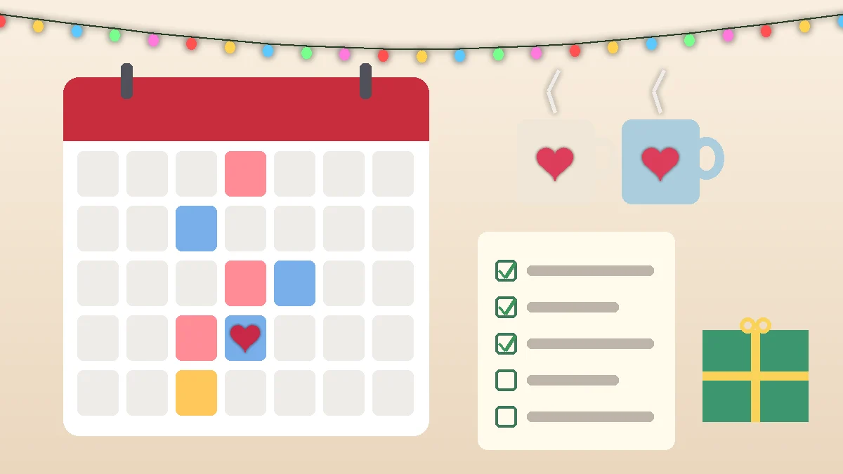Ilustración de un calendario de diciembre con fechas marcadas en dos colores, una lista de tareas, dos tazas con un corazón, un regalo envuelto y una guirnalda de luces: planificar en pareja las fiestas con familia y límites.