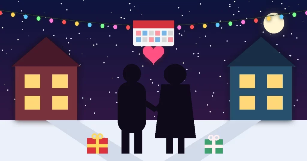 Ilustración de una pareja tomada de la mano bajo un cielo nocturno con nieve y luces de fiesta, entre dos casas iluminadas que representan a sus familias, con regalos, un calendario y un corazón luminoso: decidir juntos cómo vivir las fiestas sin estrés.