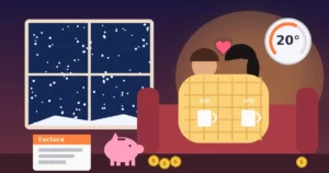 Ilustración cálida de una pareja abrazada bajo una manta junto a una ventana con nieve, con un termostato, una factura de energía, una hucha y monedas en primer plano: preparar juntos el presupuesto de calefacción del invierno.