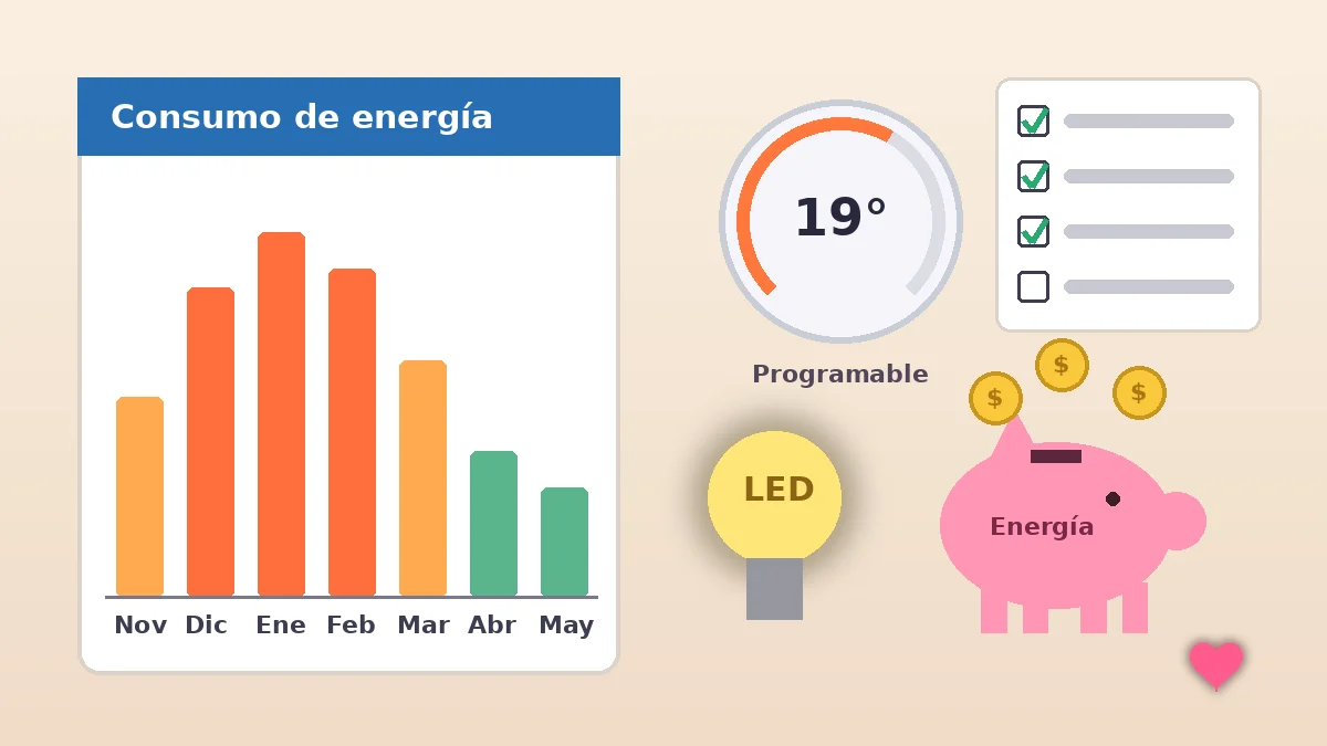 Ilustración de una factura de energía con un gráfico de consumo por meses, un termostato programable, una bombilla LED y una hucha con la etiqueta energía: pasos para el presupuesto de invierno en pareja.