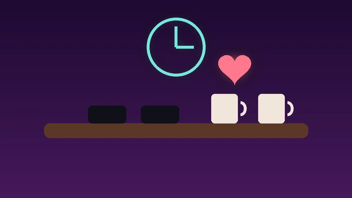 Ilustración de dos teléfonos boca abajo junto a dos tazas, un reloj marcando el horario de noticias y un corazón, sobre fondo morado oscuro: acuerdos de pareja para reducir la sobrecarga de noticias.