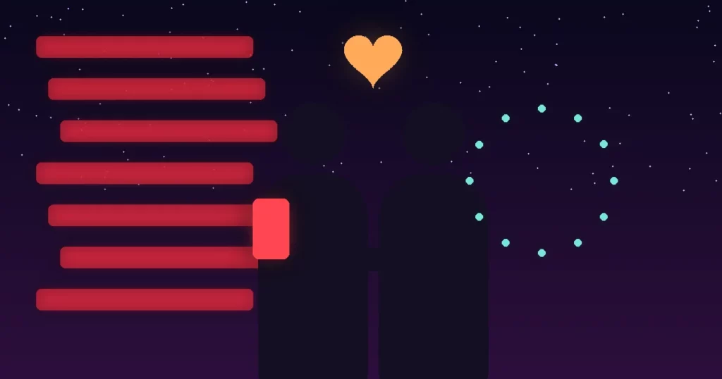 Ilustración de alto contraste: dos siluetas de una pareja tomadas de la mano de noche, una de ellas bajando un teléfono que emite titulares rojos, mientras un corazón brillante entre ambos simboliza la calma compartida frente a la fatiga informativa.