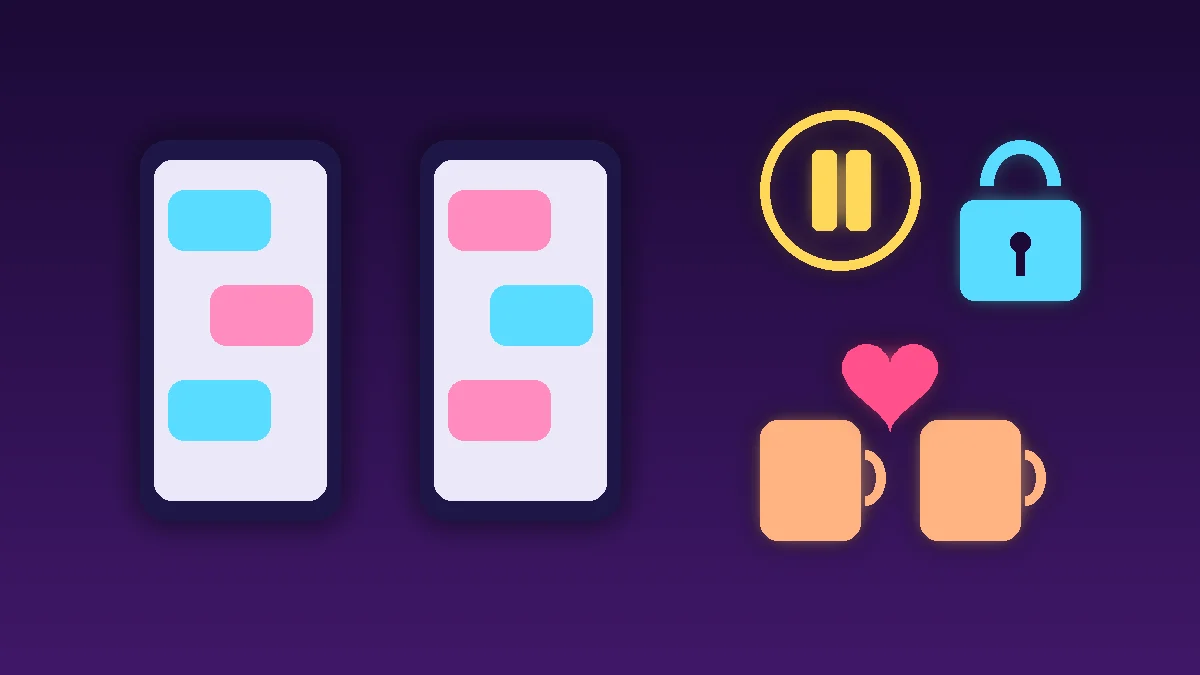 Ilustración de dos teléfonos con burbujas de conversación, un símbolo de pausa, un candado de privacidad y dos tazas con un corazón sobre fondo morado oscuro: acuerdos de pareja para usar la IA sin perder la confianza.